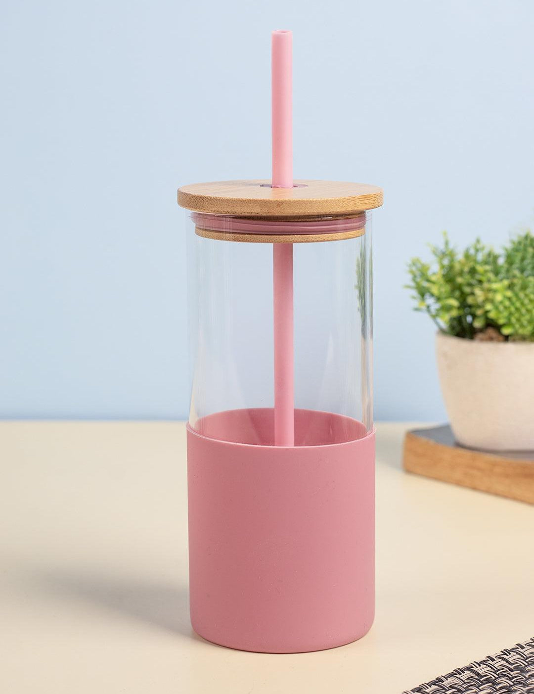 Pink Borosilicate Glass Sipper With Straw - 350 Ml
