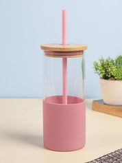 Pink Borosilicate Glass Sipper With Straw - 350 Ml