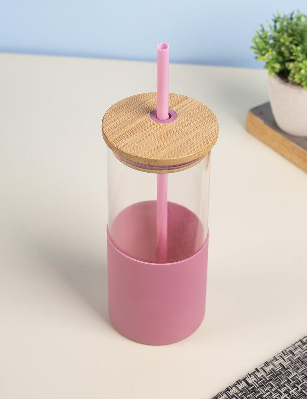 Pink Borosilicate Glass Sipper With Straw - 350 Ml