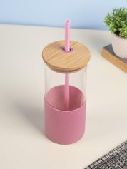 Pink Borosilicate Glass Sipper With Straw - 350 Ml