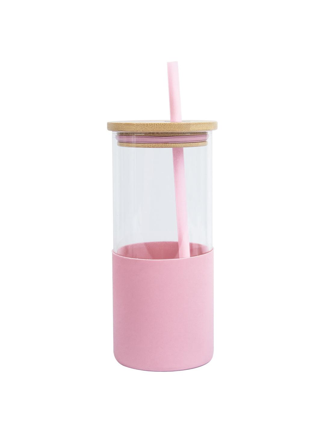 Pink Borosilicate Glass Sipper With Straw - 350 Ml