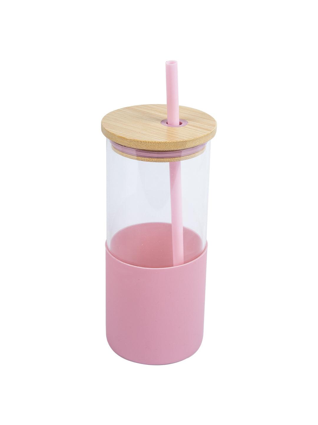 Pink Borosilicate Glass Sipper With Straw - 350 Ml
