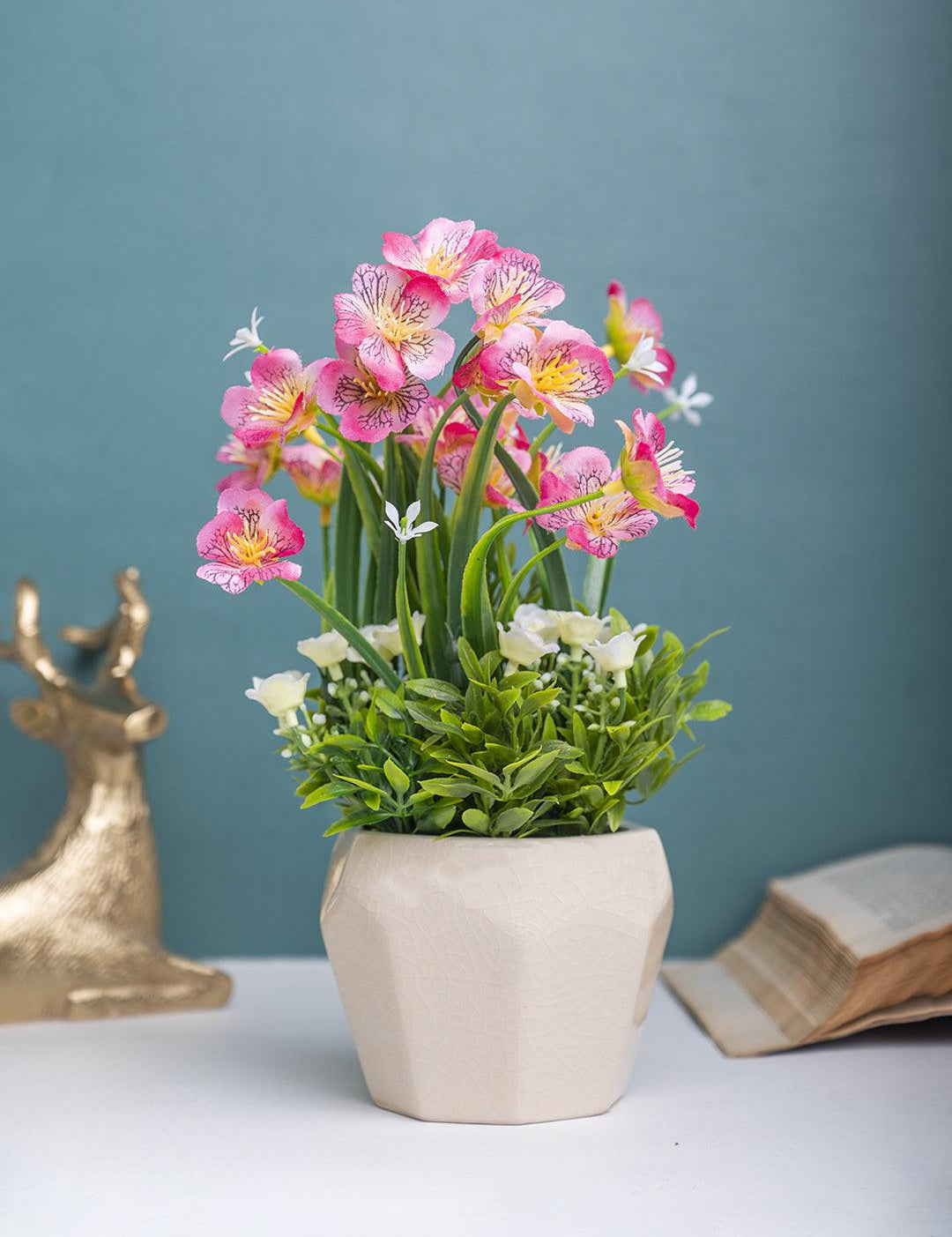 Pink Rose Fake Flowers With Cream Pot - MARKET 99