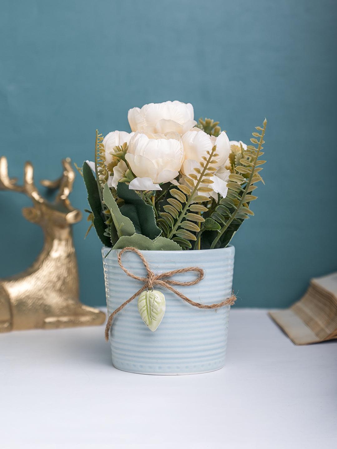 Pink Rose Fake Flowers With Light Blue Pot Pink Rose Fake Flowers With Light Blue Pot