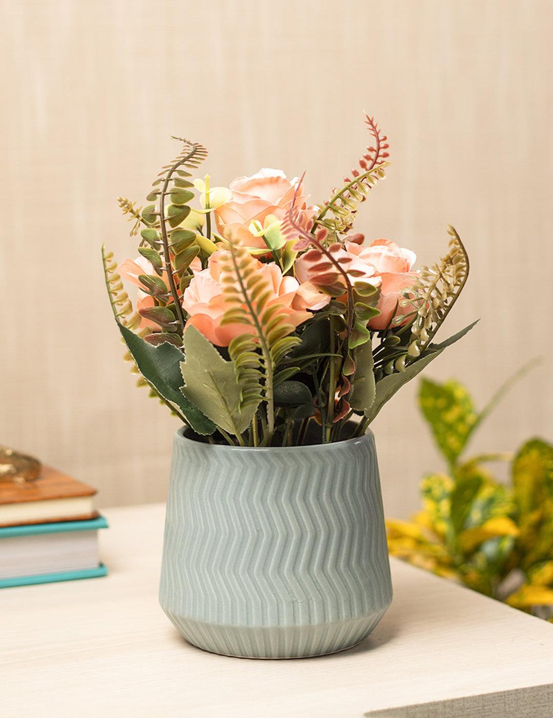 Pink Rose Flowers With Turquoise Pot - MARKET 99