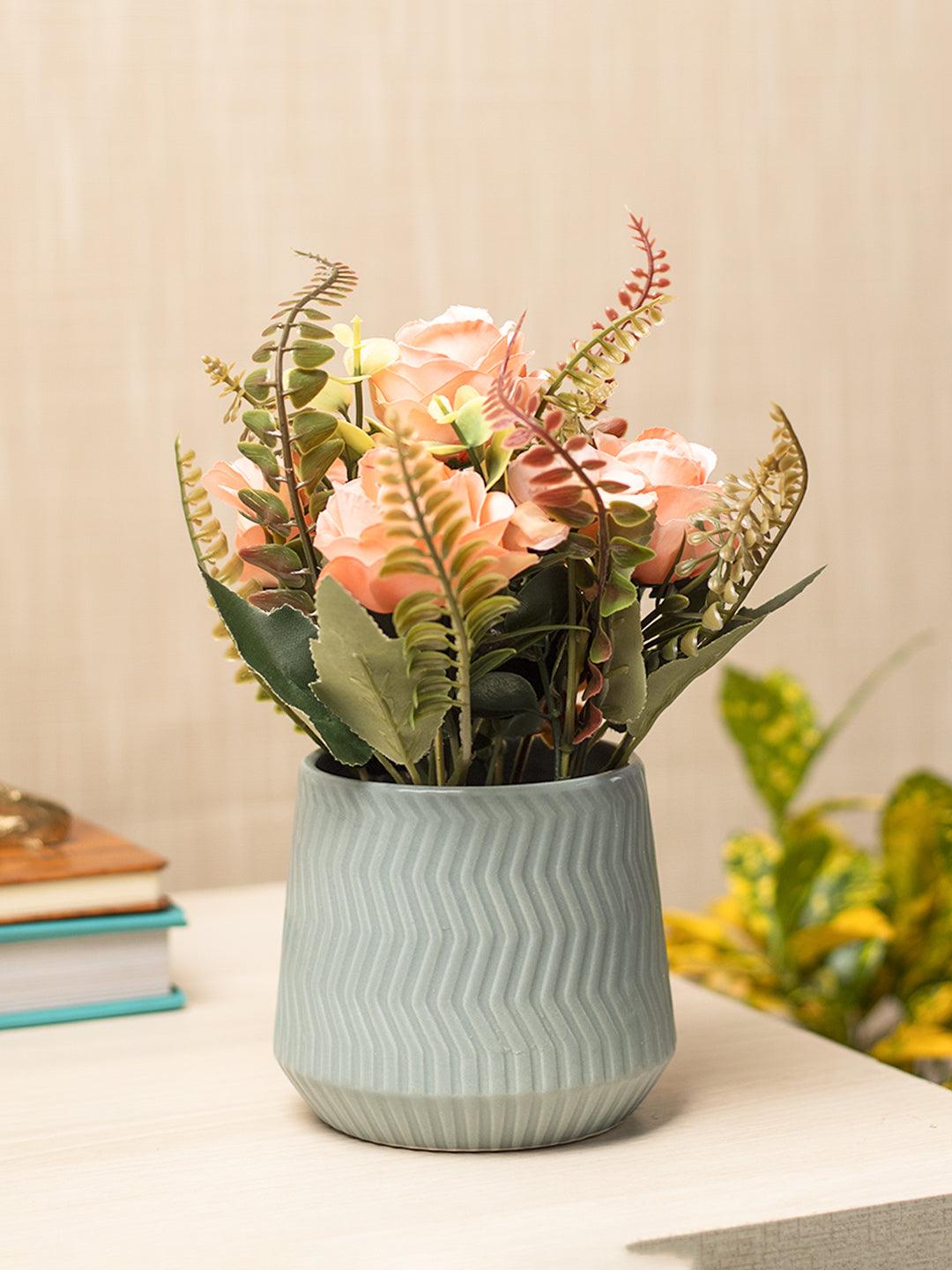 Pink Rose Flowers With Turquoise Pot - MARKET 99