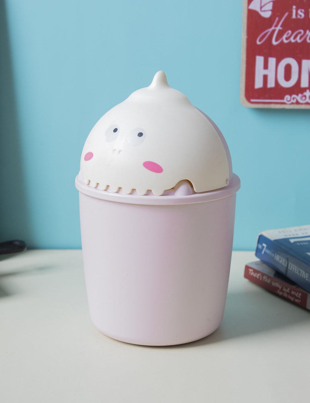 Pink Tabletop Dustbin With Animated Character Lid