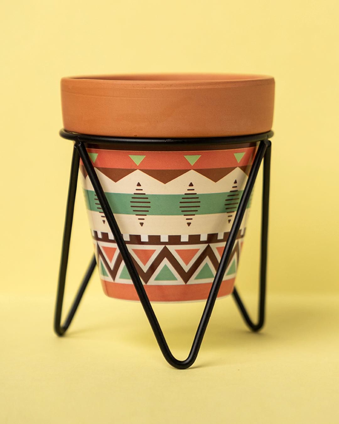 Planter, Plant Pot, Tribal Print, with Metal Stand, Multicolour, Teracotta - MARKET 99