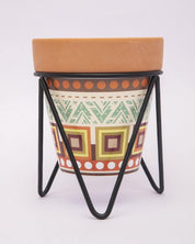 Planter, Plant Pot, Tribal Print, with Metal Stand, Multicolour, Teracotta - MARKET 99