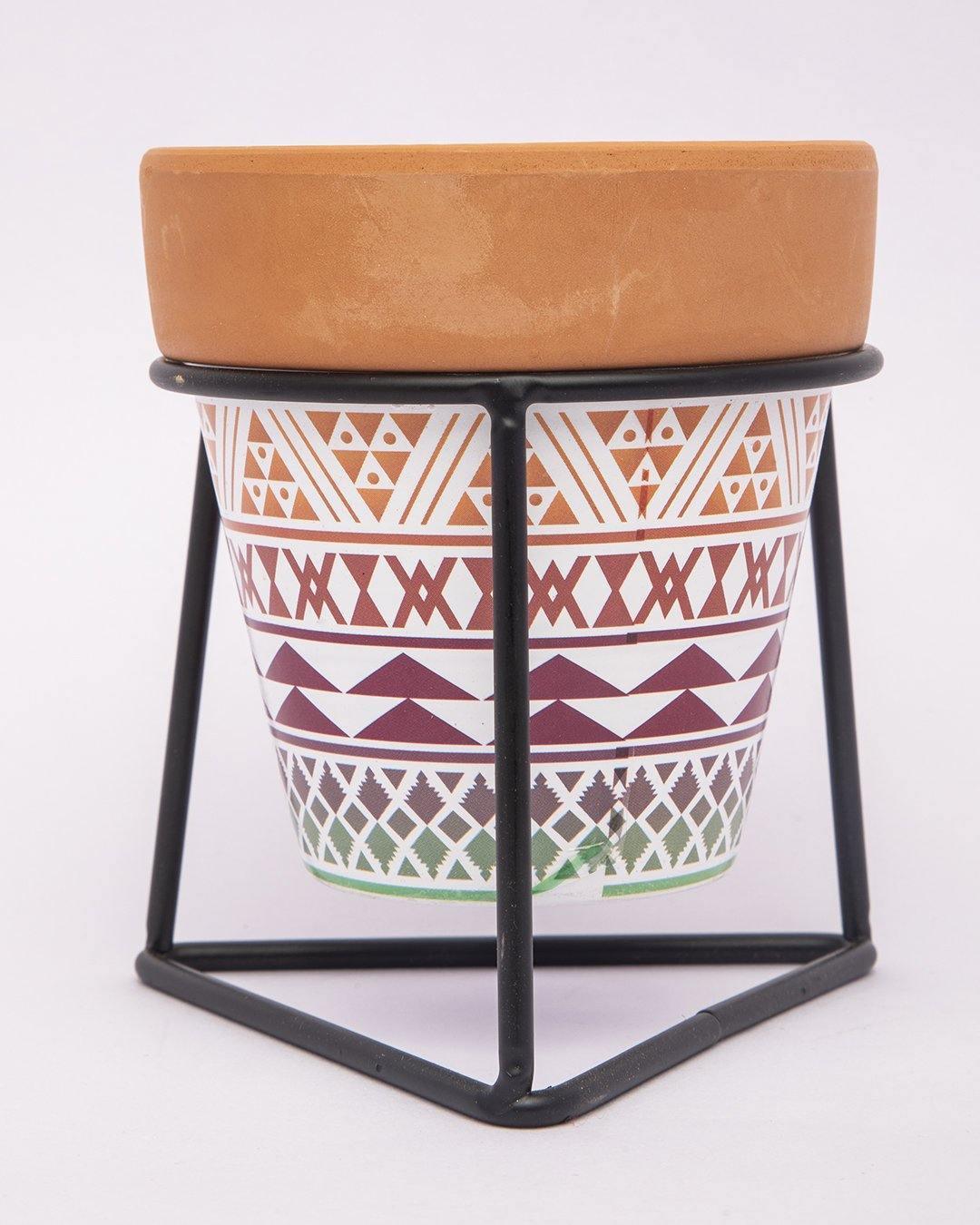 Planter, Plant Pot, Tribal Print, with Metal Stand, Multicolour, Teracotta - MARKET 99