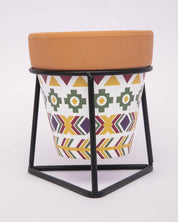 Planter, Plant Pot, Tribal Print, with Metal Stand, Multicolour, Teracotta - MARKET 99