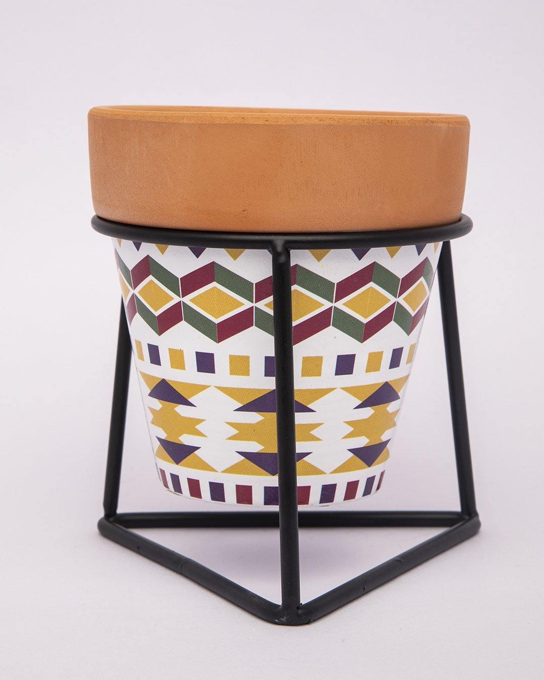 Planter, Plant Pot, Tribal Print, with Metal Stand, Multicolour, Teracotta - MARKET 99