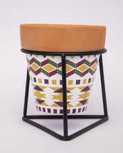 Planter, Plant Pot, Tribal Print, with Metal Stand, Multicolour, Teracotta - MARKET 99