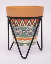 Planter, Plant Pot, Tribal Print, with Metal Stand, Multicolour, Teracotta - MARKET 99