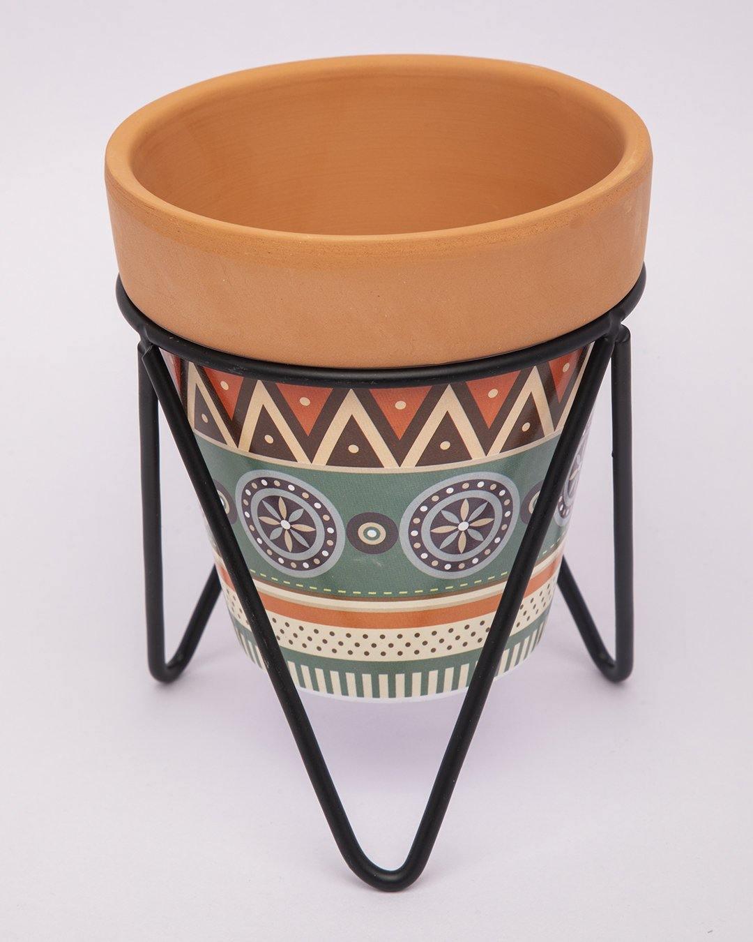 Planter, Plant Pot, Tribal Print, with Metal Stand, Multicolour, Teracotta - MARKET 99