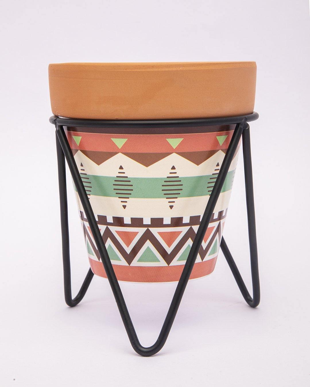 Planter, Plant Pot, Tribal Print, with Metal Stand, Multicolour, Teracotta - MARKET 99