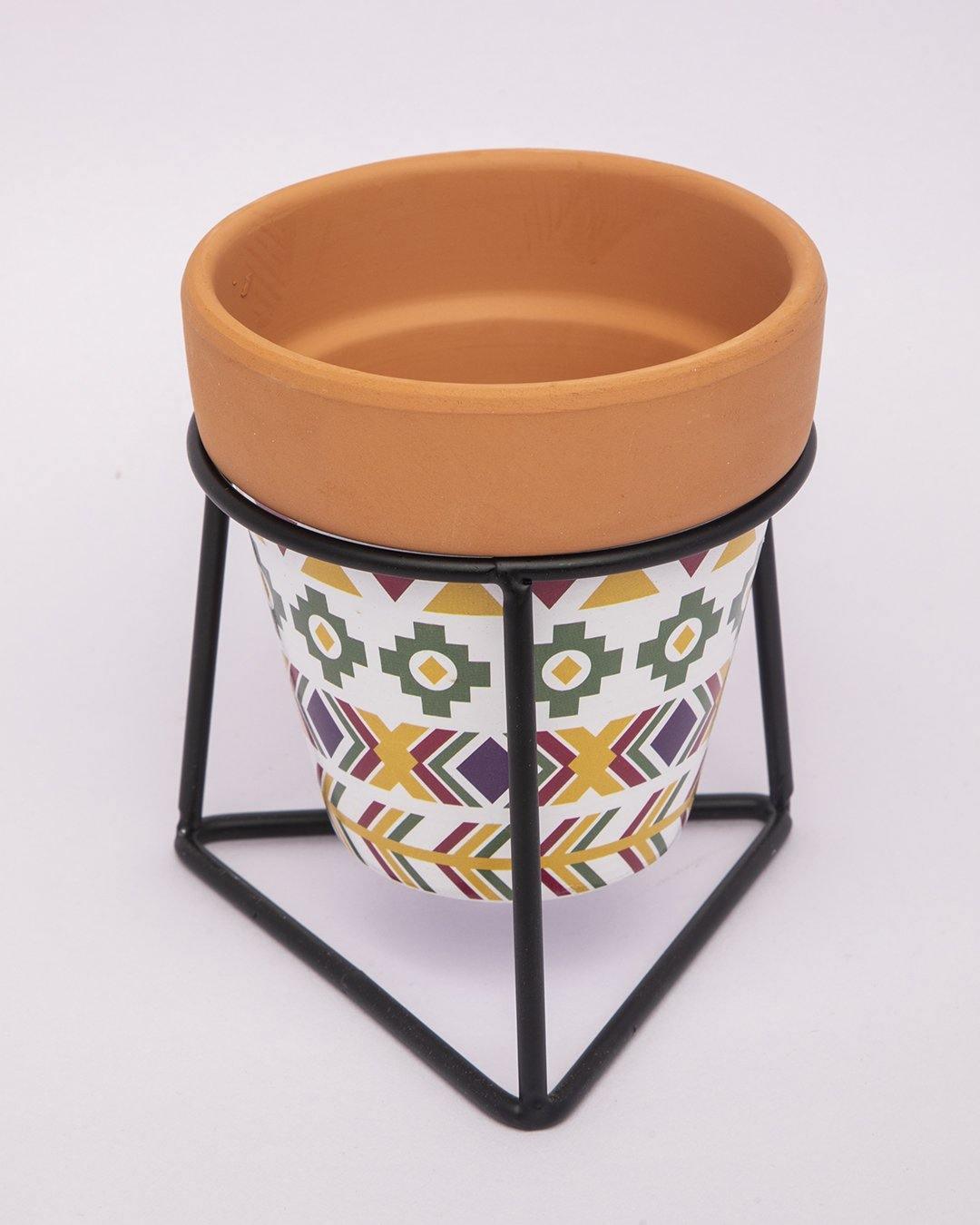 Planter, Plant Pot, Tribal Print, with Metal Stand, Multicolour, Teracotta - MARKET 99