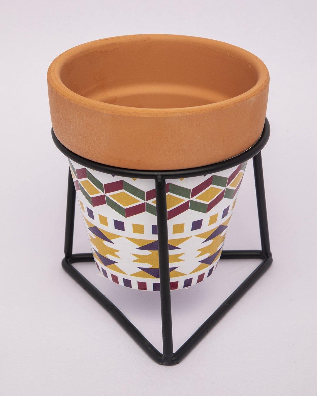 Planter, Plant Pot, Tribal Print, with Metal Stand, Multicolour, Teracotta - MARKET 99