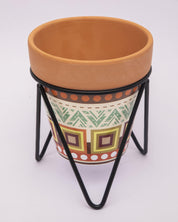 Planter, Plant Pot, Tribal Print, with Metal Stand, Multicolour, Teracotta - MARKET 99