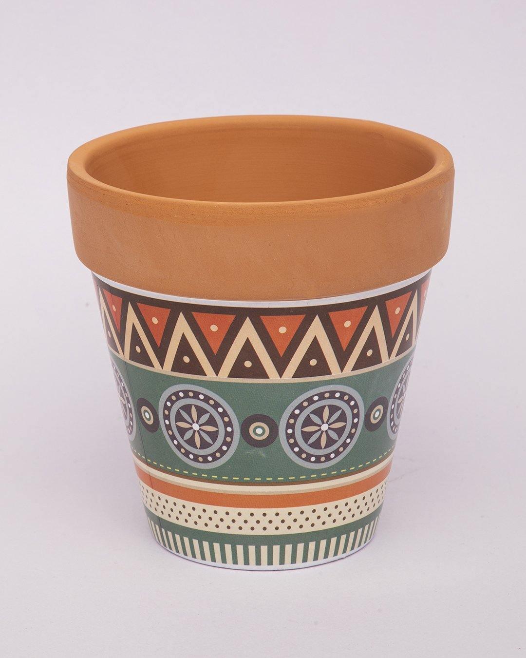 Planter, Plant Pot, Tribal Print, with Metal Stand, Multicolour, Teracotta - MARKET 99