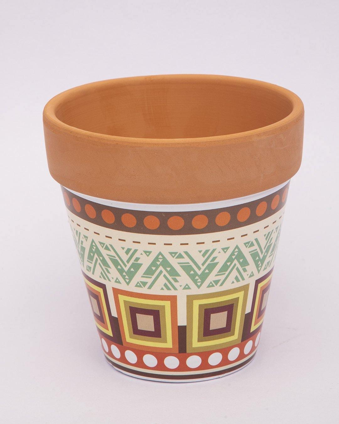 Planter, Plant Pot, Tribal Print, with Metal Stand, Multicolour, Teracotta - MARKET 99