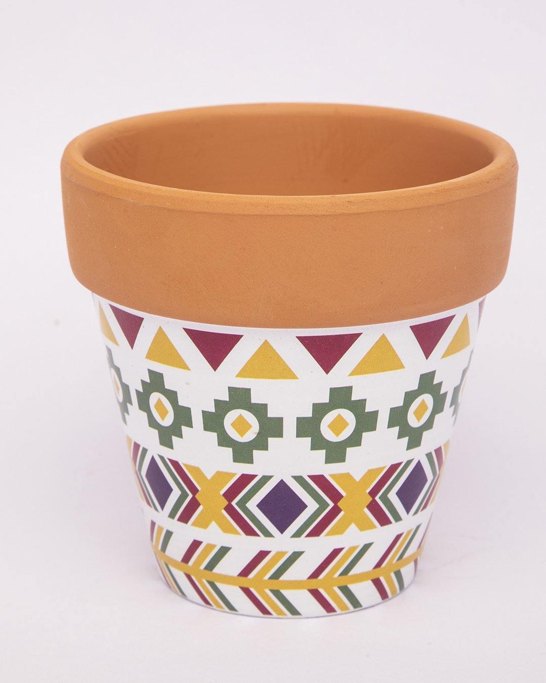 Planter, Plant Pot, Tribal Print, with Metal Stand, Multicolour, Teracotta - MARKET 99