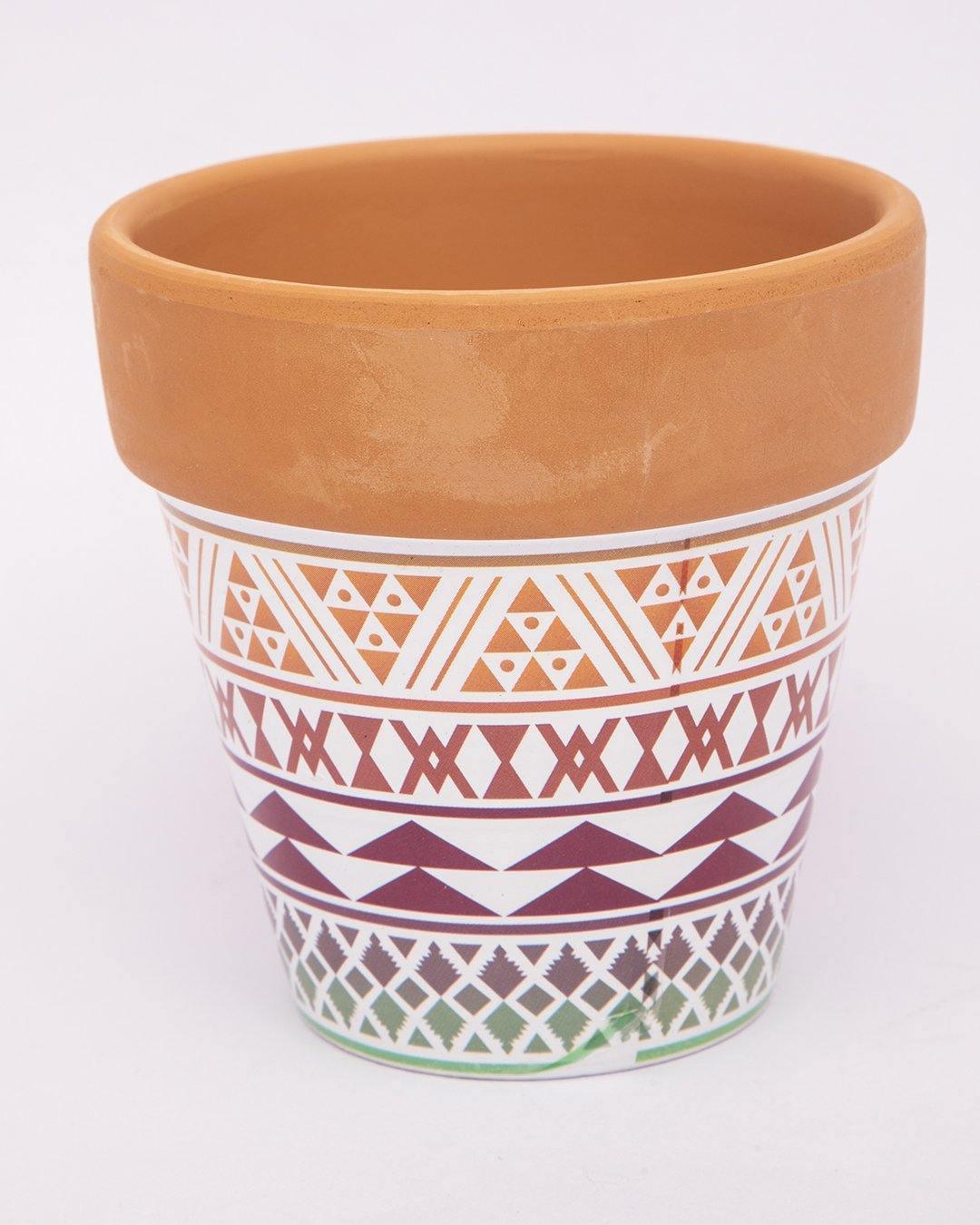 Planter, Plant Pot, Tribal Print, with Metal Stand, Multicolour, Teracotta - MARKET 99