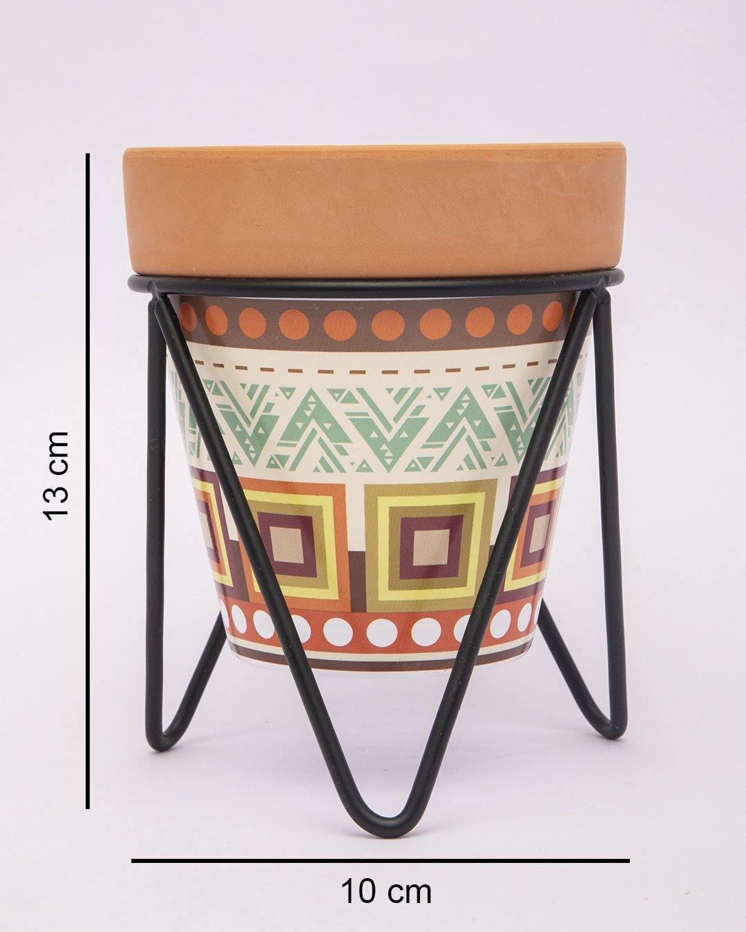 Planter, Plant Pot, Tribal Print, with Metal Stand, Multicolour, Teracotta - MARKET 99