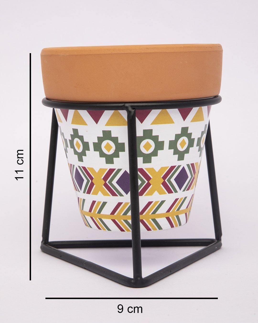 Planter, Plant Pot, Tribal Print, with Metal Stand, Multicolour, Teracotta - MARKET 99