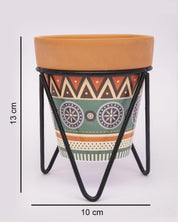 Planter, Plant Pot, Tribal Print, with Metal Stand, Multicolour, Teracotta - MARKET 99