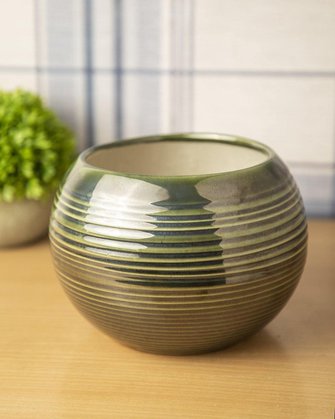 Planter, Round, Green, Ceramic - MARKET 99