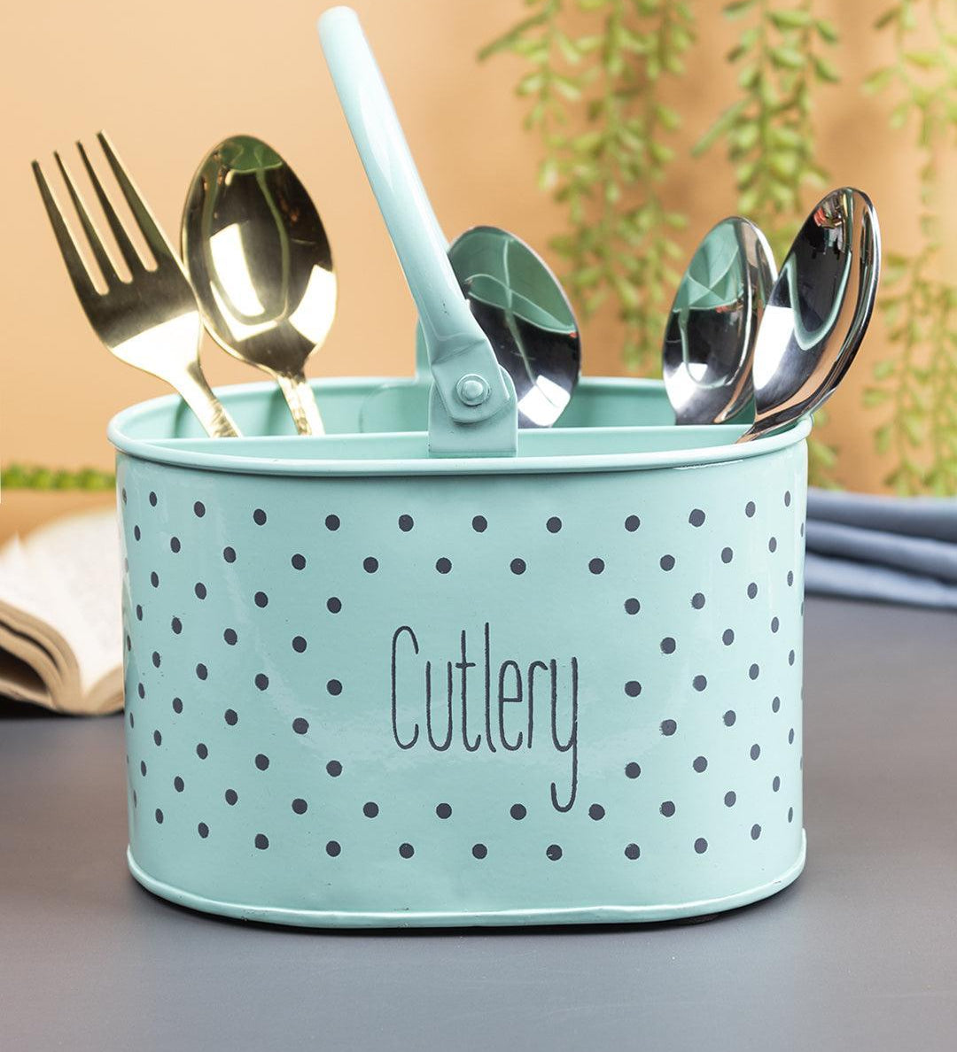Green Cutlery Holder with Polka Dot