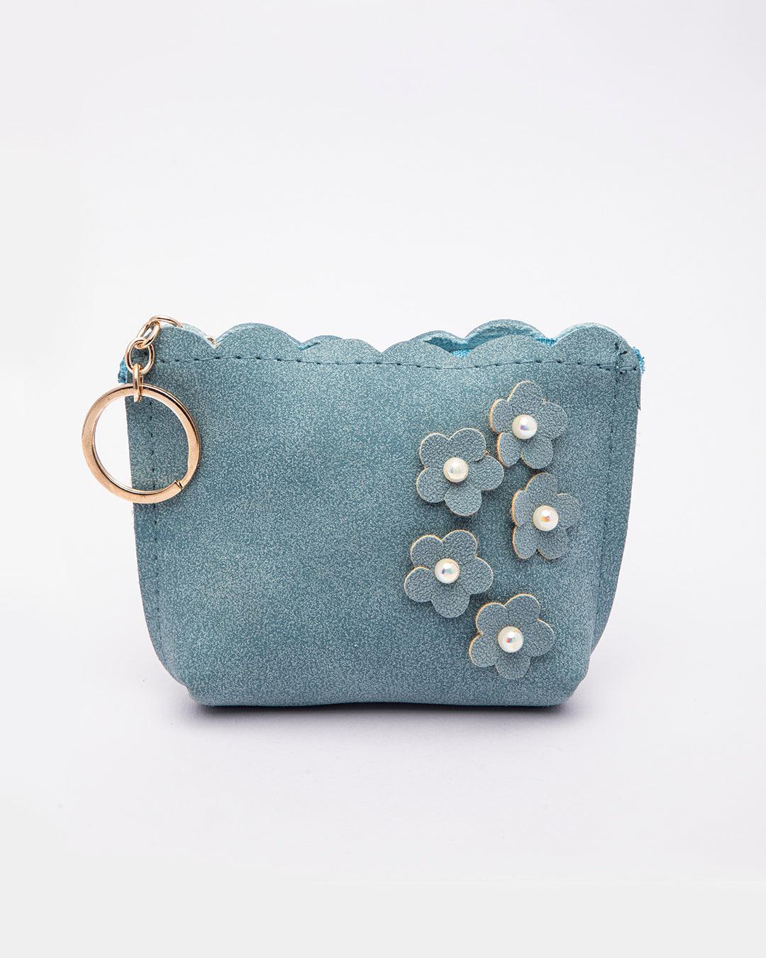 Pouch, with Flower Bows, Keychain, Coin Purse, Wallet, Blue, Rexine - MARKET 99