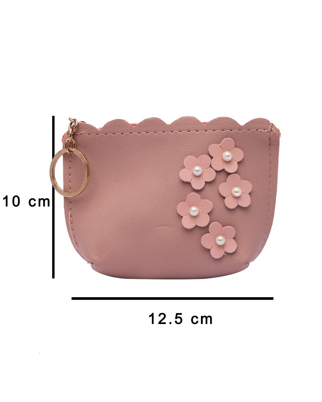 Pouch, with Flower Bows, Keychain, Coin Purse, Wallet, Pink, Rexine - MARKET 99