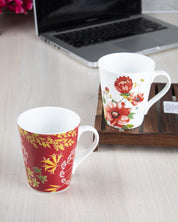 'Red Floral' Print Drinkware Glossy Ceramic Coffee Mugs ( Set Of 2, 320 mL)