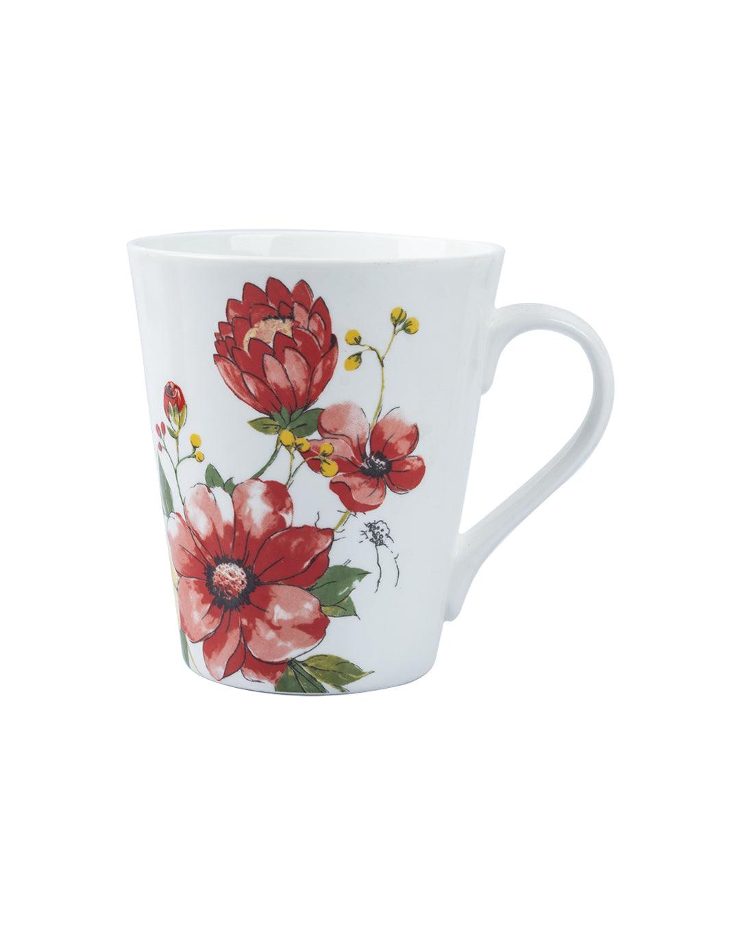 'Red Floral' Print Drinkware Glossy Ceramic Coffee Mugs ( Set Of 2, 320 mL)
