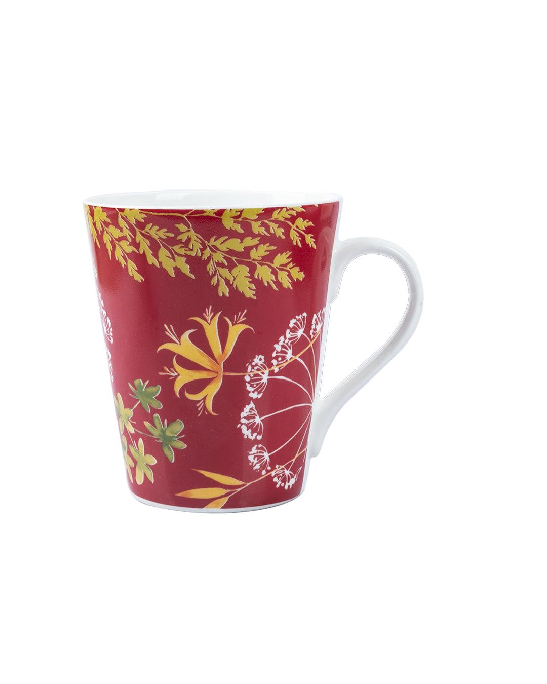 'Red Floral' Print Drinkware Glossy Ceramic Coffee Mugs ( Set Of 2, 320 mL) - MARKET 99