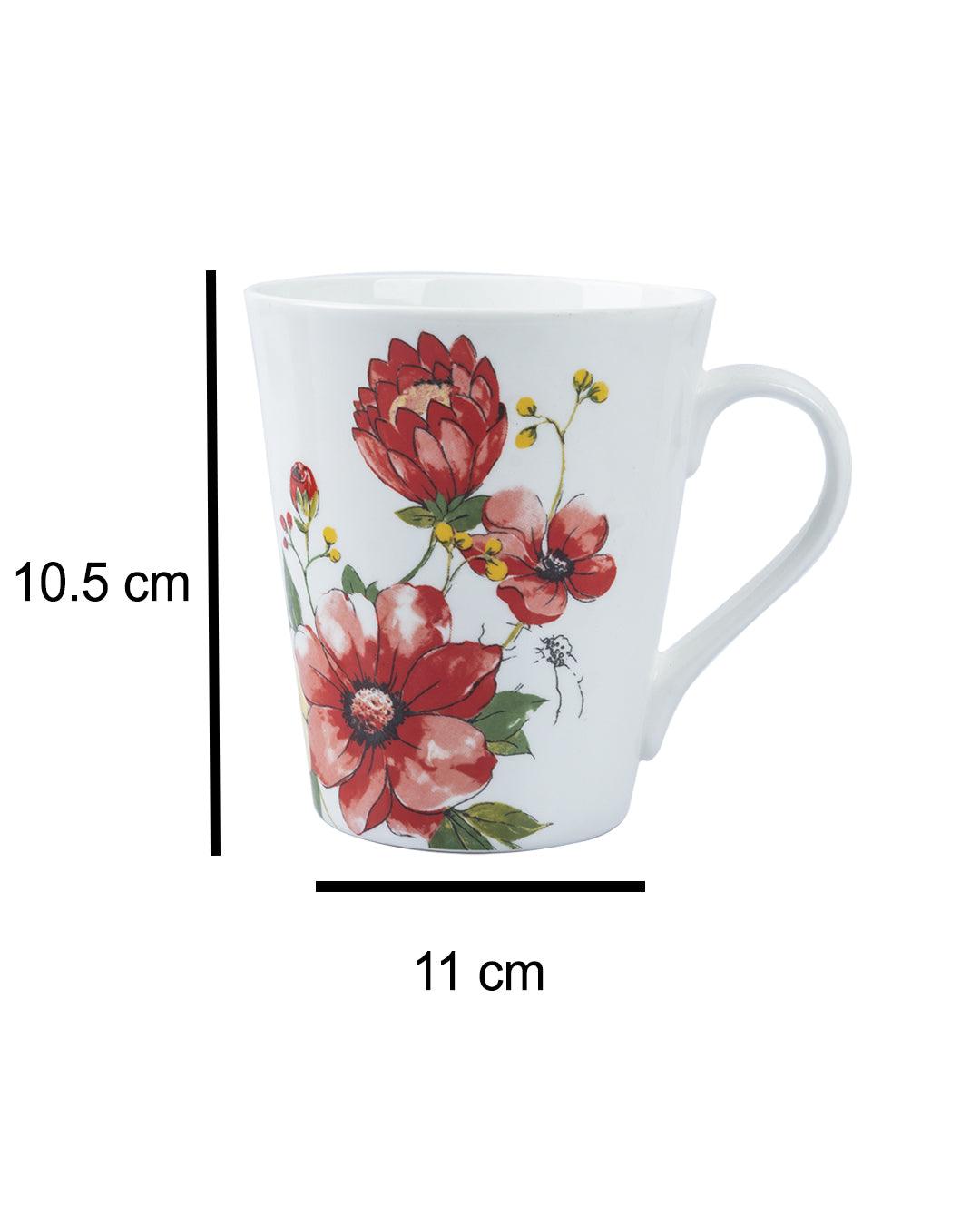 'Red Floral' Print Drinkware Glossy Ceramic Coffee Mugs ( Set Of 2, 320 mL) - MARKET 99