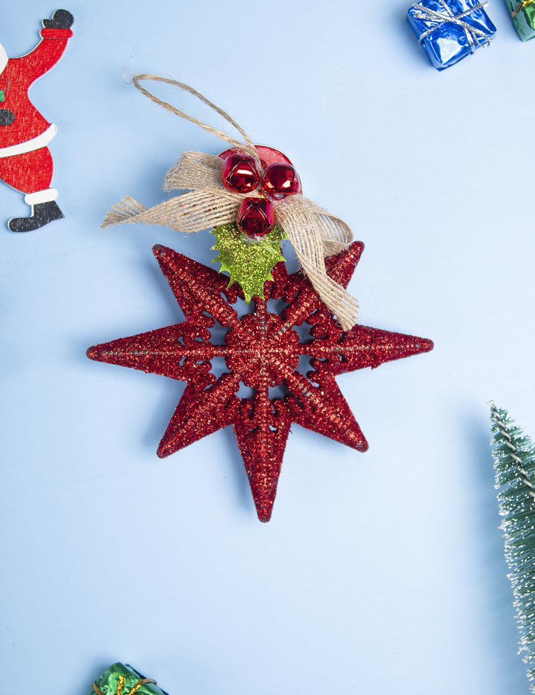 Red Star With Bow - Christmas Hanging Ornament - Star Set Of 2 Pcs - MARKET 99