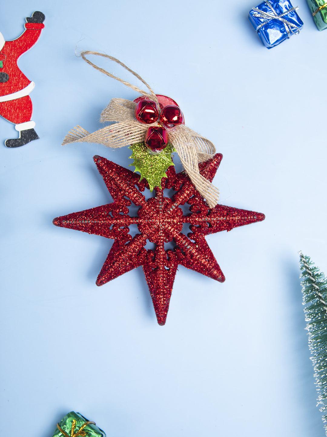 Red Star With Bow - Christmas Hanging Ornament - Star Set Of 2 Pcs - MARKET 99