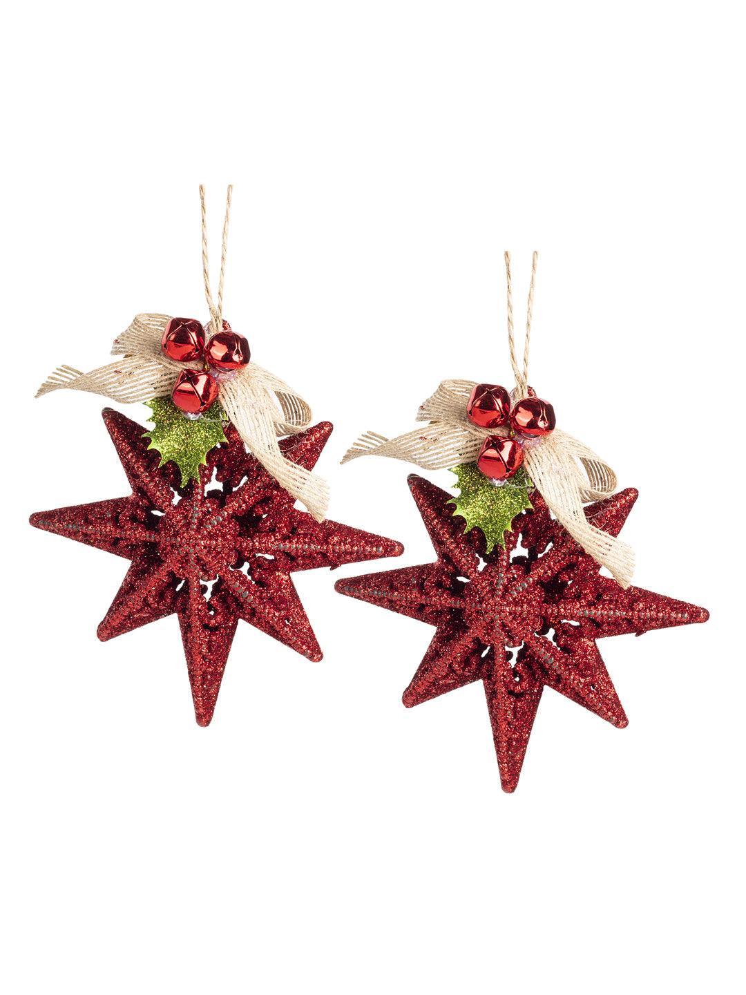 Red Star With Bow - Christmas Hanging Ornament - Star Set Of 2 Pcs - MARKET 99