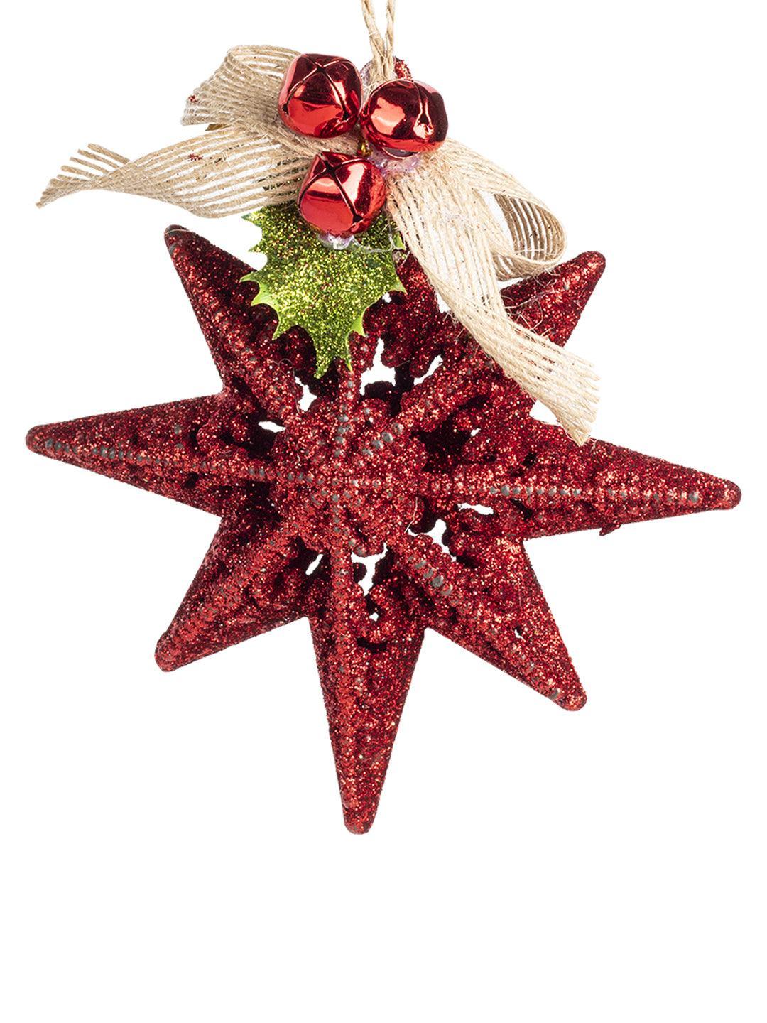 Red Star With Bow - Christmas Hanging Ornament - Star Set Of 2 Pcs - MARKET 99