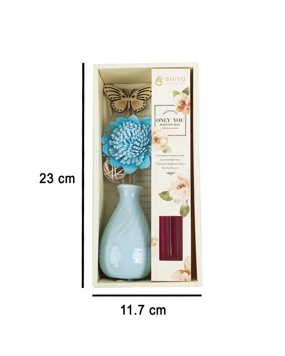 Reed Diffuser Set, Jasmine Fragrance Pot & Reed Stick, Blue, Ceramic, 30 mL - MARKET 99