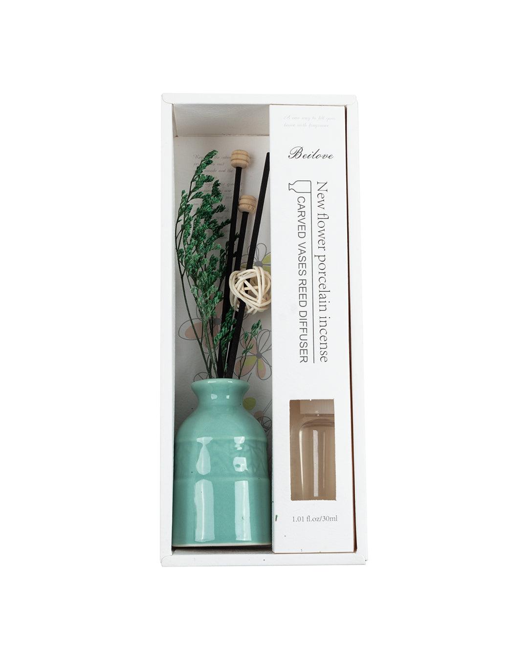 Reed Diffuser Set, Jasmine Fragrance Pot & Reed Stick, Ceramic, Green, 30 mL - MARKET 99