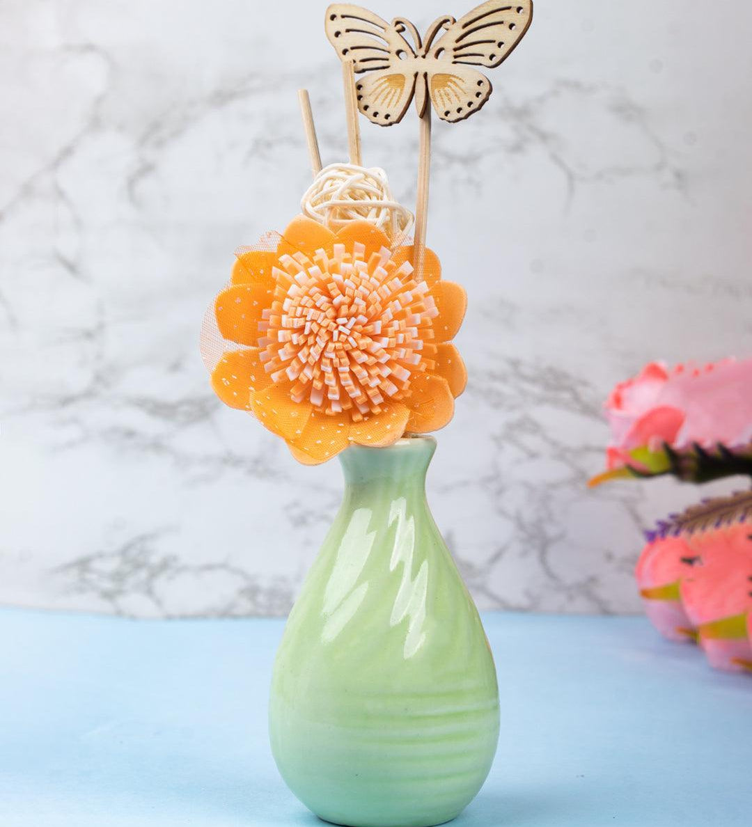 Reed Diffuser Set, Jasmine Fragrance Pot & Reed Stick, Lime Green, Ceramic, 30 mL - MARKET 99
