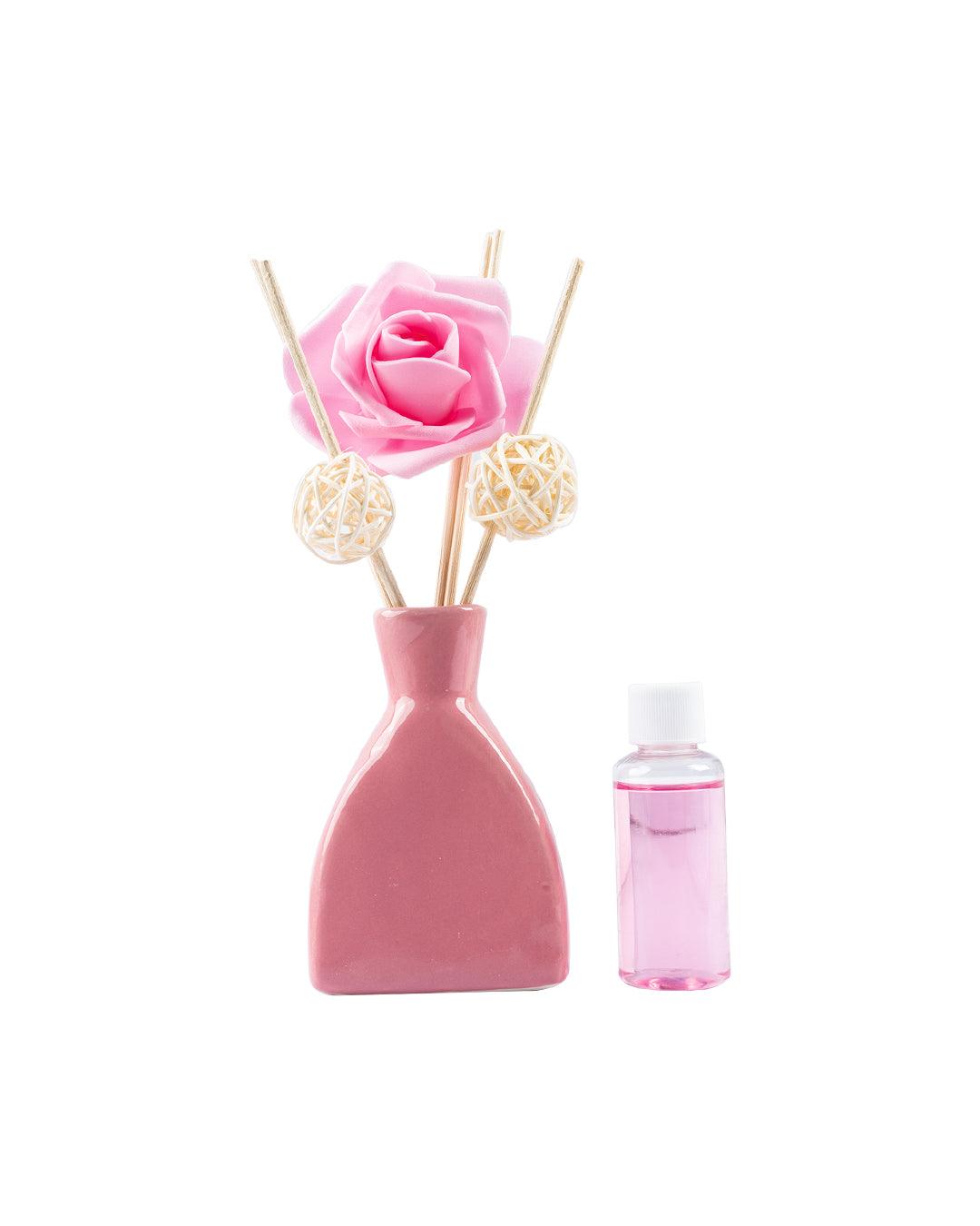 Reed Diffuser Set, Rose Fragrance Pot & Reed Stick, Pink, Ceramic, 30 mL - MARKET 99