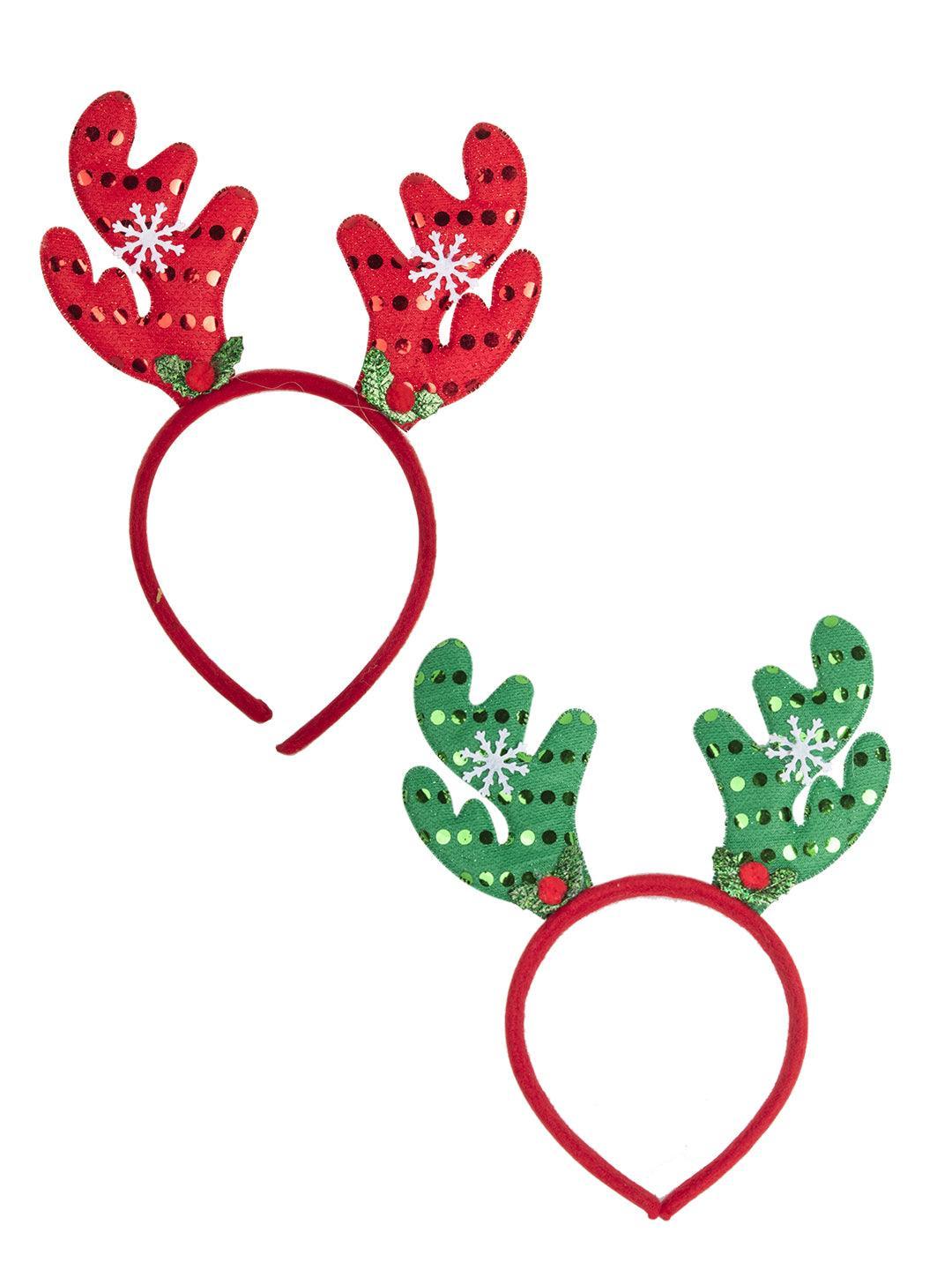 Reindeer Horn Red & Green (With Snowflakes) - Christmas Reindeer Antlers Head Band Set Of 2 Pcs - MARKET 99