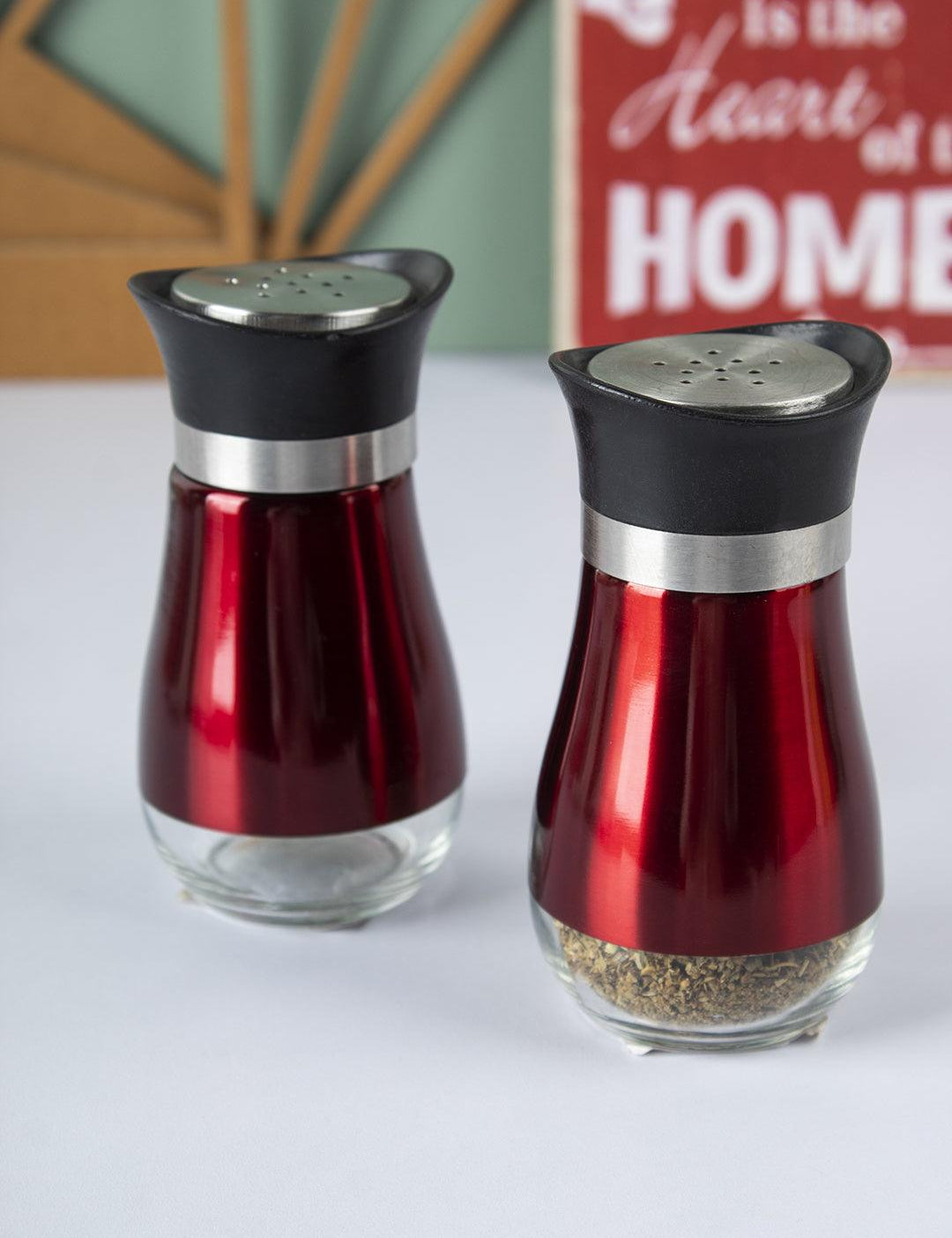 Salt & Pepper Set, Red, Stainless Steel, Glass, Set of 2, 120 mL - MARKET 99