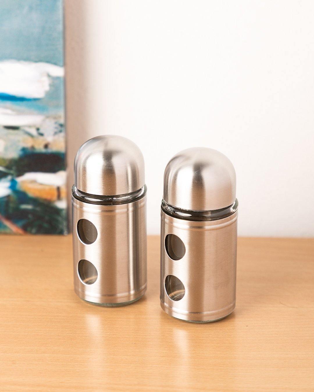 Salt & Pepper Set, Silver, Glass & Stainless Steel, Set of 2, 100 mL - MARKET 99