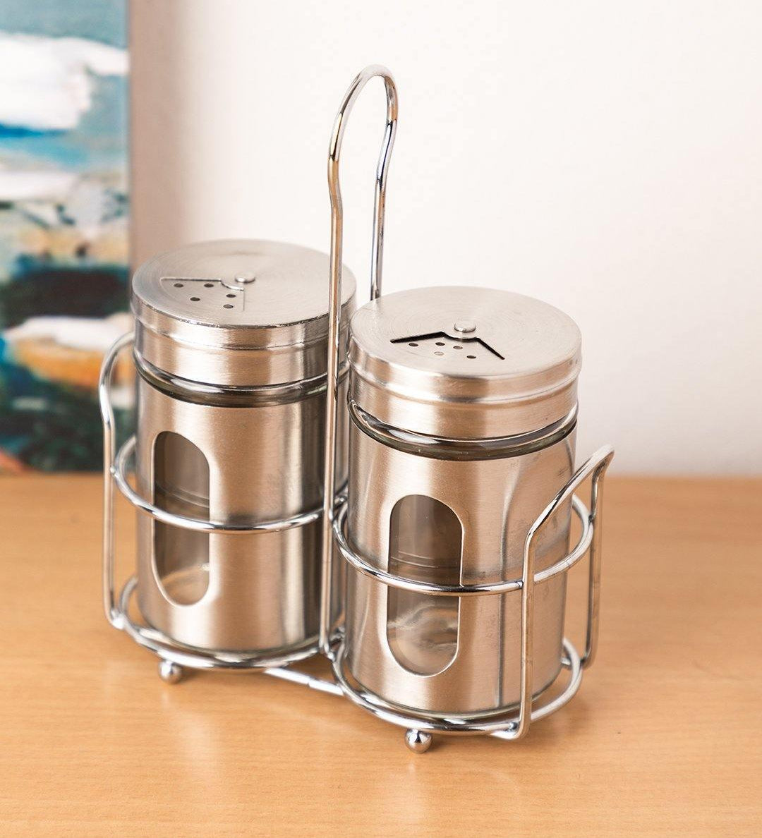 Salt & Pepper Set, Silver, Glass & Stainless Steel, Set of 2, 100 mL - MARKET 99